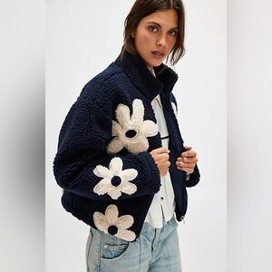 Blank NYC Navy Sherpa Jacket with Cream Floral Patch Accents- size XS